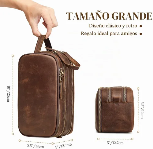 Vista 5 de S-ZONE - Neceser de viaje de cuero para hombres y mujeres, bolsas de afeitar cosméticas Marrón oscuro