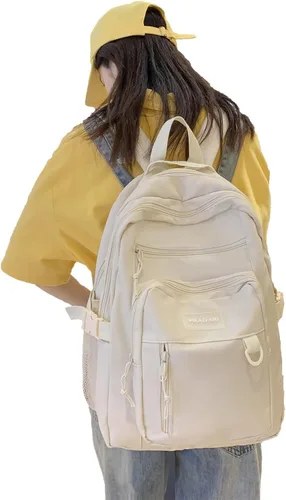 Vista 6 de PRAGARI Mochila para niños para la escuela, bonita mochila estética para niñas, mochila para estudiantes, bolsa de libros ligera de viaje para Beige