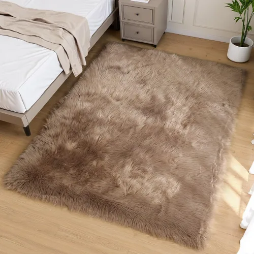 Vista 24 de Goolela Alfombra esponjosa de piel sintética para dormitorio, color marrón claro beige, 2 x 3 pies, alfombra de piel de oveja peluda y difusa