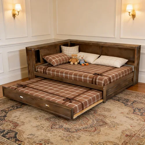 Vista 4 de SOFTSEA Sofá cama esquinera de tamaño matrimonial con nido y estantería, sofá cama en forma de L con luces LED y puertos USB, marco de cama Antique