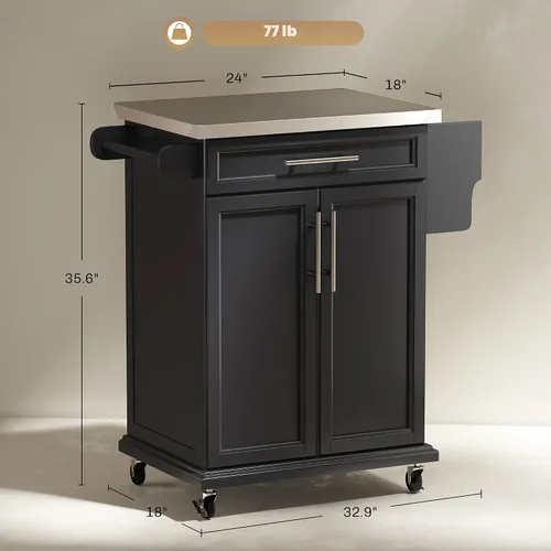 Vista 7 de HOMCOM Isla de cocina sobre ruedas, carrito de cocina rodante con encimera de acero inoxidable, cajón, toallero y estante de especias, carrito