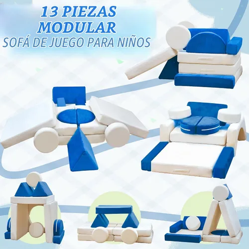 Vista 3 de Sofá modular de juego para niños, 13 piezas, con funda de terciopelo lavable, expansión instantánea de 5 segundos, espuma convertible y cojín