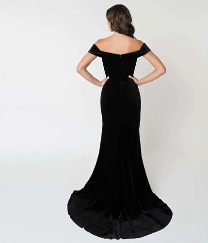 Vista 5 de RYANTH Vestido de fiesta de terciopelo de sirena para mujer, con hombros descubiertos, vestido de noche con abertura, vestido de cóctel RPM111