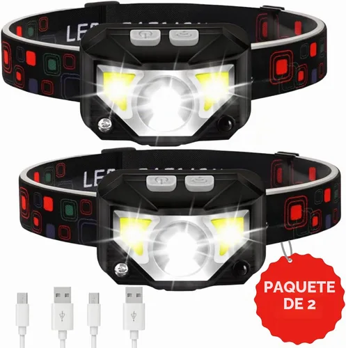 Vista 8 de Linterna frontal – 1200 lúmenes ultra brillante LED recargable con luz blanca y roja – Faros delanteros impermeables con sensor de movimiento