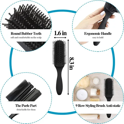 Vista 3 de Juego de 8 cepillos de pelo rizado, cepillos para el cabello para mujer, cepillo redondo para secar con soplado, cepillo de pala, apto para Negro