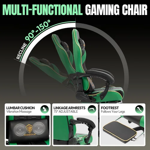 Vista 4 de Dowinx - Silla de juegos grande y alta, 350 libras con reposapiés lumbar de masaje Verde
