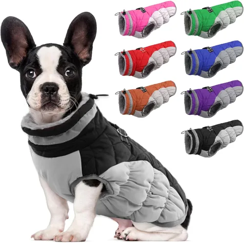 Vista 16 de Lelepet Abrigo cálido para perro, abrigo de invierno para perro, chaqueta impermeable para perros con arnés integrado reflectante de forro polar