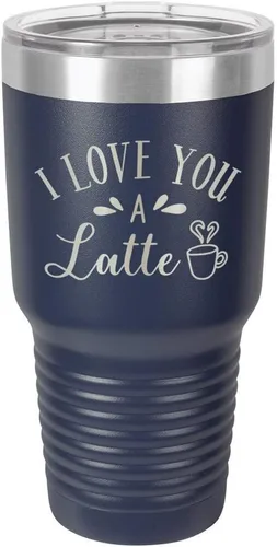 Vista 22 de Taza de viaje de acero con recubrimiento de polvo grabado con láser, con texto en inglés "I Love You A LATTE Engraved Tumbler", sin BPA