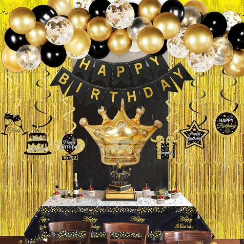 Vista 2 de Decoraciones de cumpleaños en negro y dorado para hombres y mujeres, decoraciones de fiesta en negro y dorado incluyen corona, remolinos colgantes