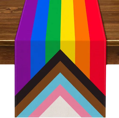 Vista 6 de Nepnuser Camino de mesa rústico arcoíris para el mes del orgullo de junio, decoración de fiesta LGBTQ+, de lino, granja, hogar, comedor, cocina