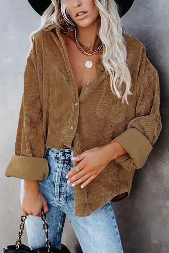 Vista 5 de Magritta Camisas de manga larga con cuello en V y botones para mujer, blusas de gran tamaño con bolsillos