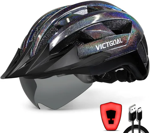 Vista 18 de VICTGOAL Casco de bicicleta con luz trasera recargable por USB, gafas magnéticas desmontables, visera solar extraíble, cascos de bicicleta de Negro