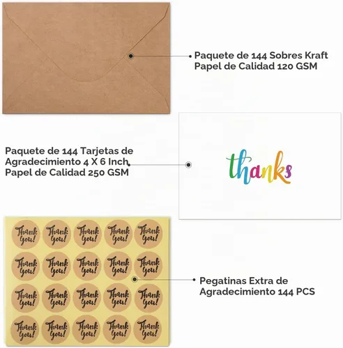 Vista 3 de Ohuhu 144 tarjetas de agradecimiento a granel con sobres, juego de notas de agradecimiento con elegantes 8 diseños de arcoíris coloridos, tarjeta