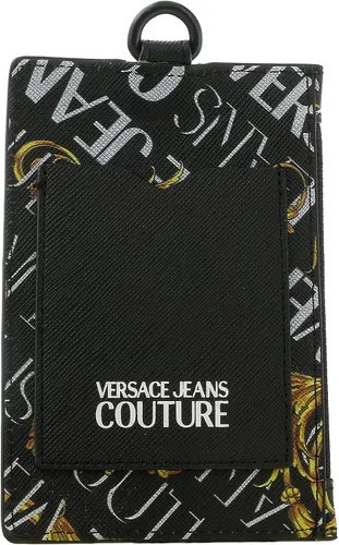 Vista 3 de Versace Jeans Couture Tarjetero de cuero barroco de cuero negro con patrón de cepillo para hombre, Negro Oro