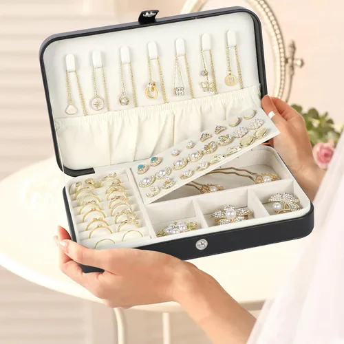 Vista 4 de Hatori Joyero de viaje para mujer, portátil, de piel sintética, organizador de joyas para collares, aretes, anillos, pulseras, pequeños regalos