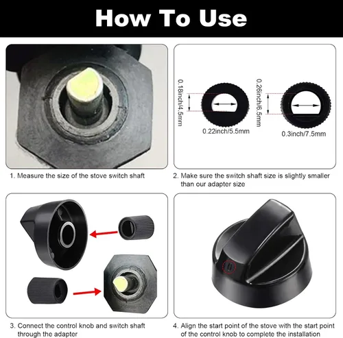 Vista 4 de Jetec Paquete de 4 perillas de control de repuesto con 12 adaptadores para horno/estufa/cocina, por favor verifique cuidadosamente si las Negro