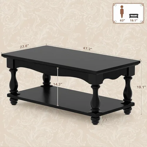 Vista 3 de Besiost Mesa auxiliar de 47 pulgadas con almacenamiento, diseño de granja de 2 niveles, patas de madera maciza, mediados de siglo para sala de Negro