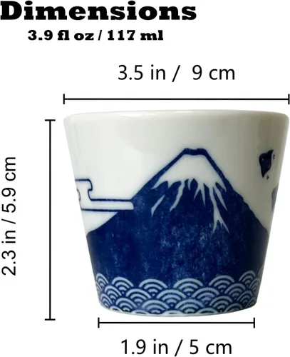 Vista 2 de Juego de 2 tazas de sake japonesas - Sakura y Monte Fuji Design, cerámica de color índigo, 3.9 onzas líquidas, para bebidas frías y calientes, taza