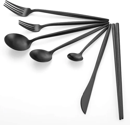 Vista 6 de KiiZYs Juego de cubiertos negro mate – Juego de cubiertos modernos de 14 piezas de acero inoxidable – Palillos de metal para cocina, tenedor