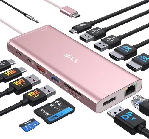 Vista 12 de Estación de acoplamiento USB C de monitor dual para laptop Dell/Lenovo/HP; estación de acoplamiento HDMI; hub USB C; adaptador multipuerto dongle