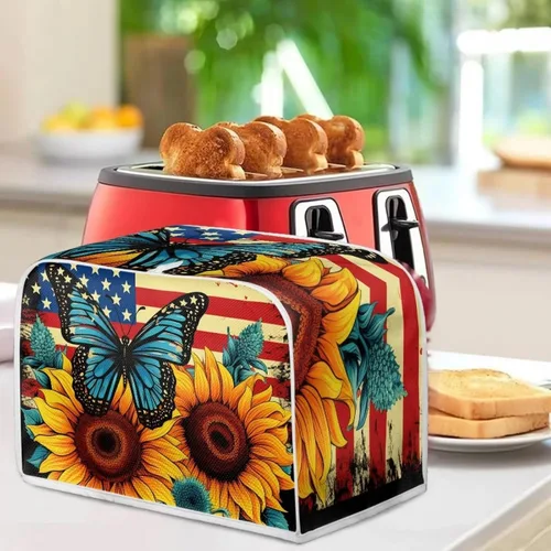 Vista 4 de Funda para tostadora Baxinh con estampado de mariposas y girasoles, 2 rebanadas, bandera americana, cubierta pequeña para electrodomésticos