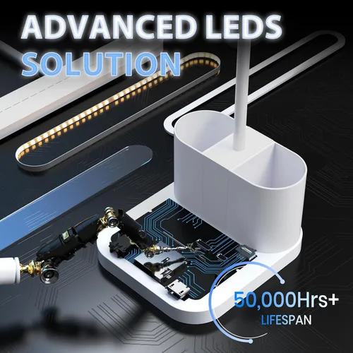 Vista 5 de AXX Lámpara de Escritorio Blanca para Dormitorio Universitario, Bonita, LED, Regulable, Pequeña, Portabolígrafos, Cuello de Ganso Flexible, Control