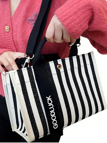 Vista 3 de Bolso cruzado clásico de lona para mujer, bolso de hombro con asa y correa ajustable