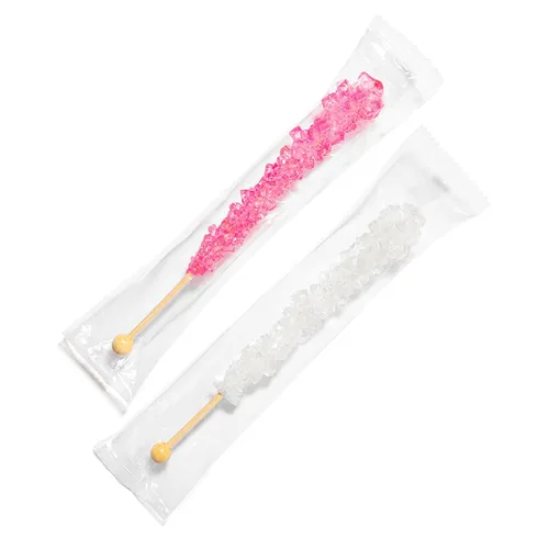 Vista 3 de Palitos de azúcar de caramelo de roca rosa claro y blanco, 12 caramelos envueltos individualmente, sabor a cereza y azúcar original