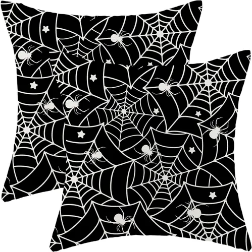 Vista 27 de Juego de 2 fundas de almohada de Halloween de 16 x 16 pulgadas, fundas de almohada de murciélagos negros y crema, fundas de cojín decorativas