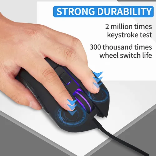 Vista 4 de IULONEE Ratón óptico con cable USB tipo C, silencioso para computadora, mouse óptico para juegos, ergonómico, 7 retroiluminación LED, 2400 DPI, 6