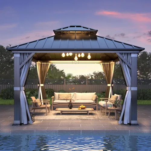 Vista 15 de GARTOO Gazebo de techo rígido para exteriores de 8 x 8 pies con techo doble Negro