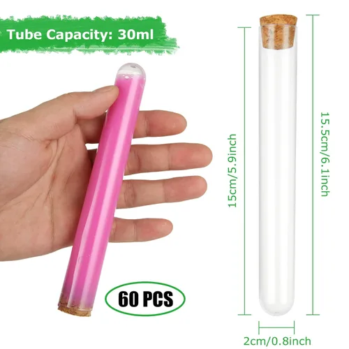 Vista 2 de Plastic Test Tubes with Cork Stoppers, 100 PCS 15 ML Clear Test Tube Set, 0.63 x 3.94 in Round Bottom Tubes 2 Mini Funnels & 2 Brushes for Bath