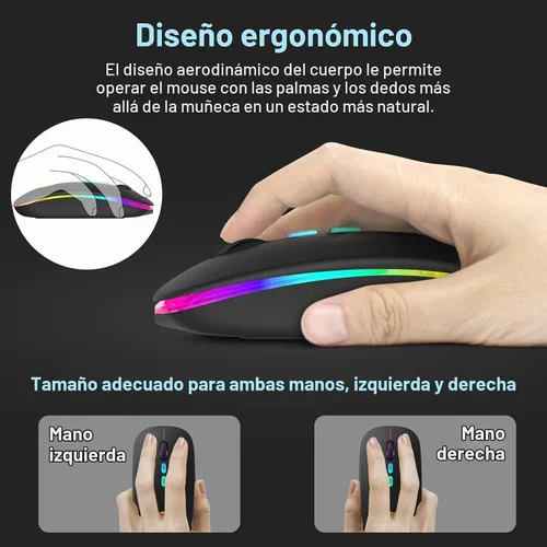 Vista 5 de CC Store Ratón Bluetooth inalámbrico LED y conexión instantánea de 2.4 GHz, recargable ultra silencioso, delgado, 3 DPI ajustables, 2 modos de Negro