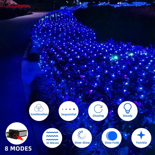 Vista 8 de Luces de cadena de malla de red impermeables, 200 burbujas de luz, 8 modos de iluminación, para interiores y exteriores, cortina, árbol de Navidad