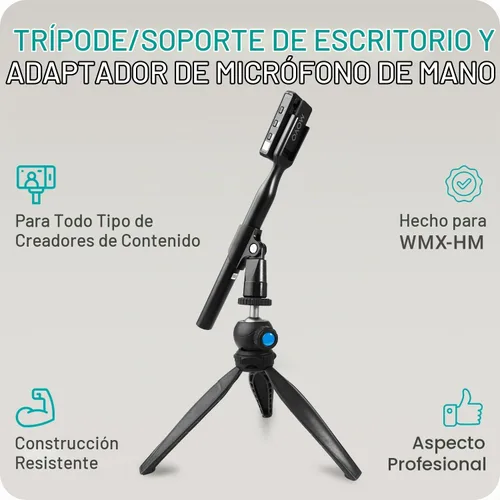 Vista 2 de Movo HMT-2 Soporte de micrófono de trípode de mesa para Movo WMX-HM y Rode Interview Go Adaptadores de micrófono inalámbrico de mano. Perfecto