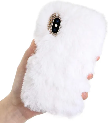Vista 12 de LCHDA Funda de felpa para iPhone 7/iPhone 8, funda de piel de conejo, funda mullida y esponjosa para niñas, lindo pelo cálido de invierno, funda