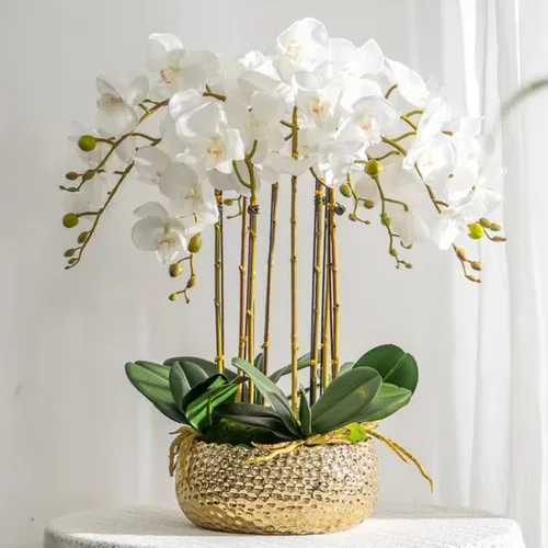 Vista 3 de HinyoCo 5 piezas de flores artificiales de orquídea, flores artificiales de Phalaenopsis de 32 pulgadas para decoración del hogar y boda (blanco)
