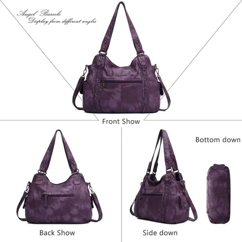 Vista 123 de Angel Barcelo - Bolsa de hombro amplia para mujer, diseño Hobo, cuero lavado