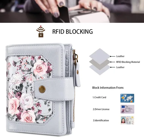 Vista 5 de Cartera pequeña para mujer, billetera plegable con bloqueo RFID, tarjetero con bolsillo con cremallera, Gris (Grey Flower), Vintage