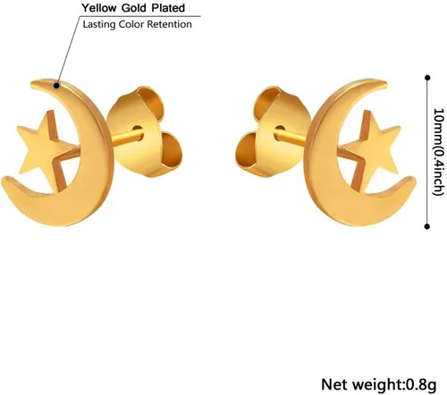 Vista 5 de Pendientes de tuerca con estrella de luna crecienteAnkh, aretes de acero inoxidable chapados en oro de 18 quilates, joyería para mujer