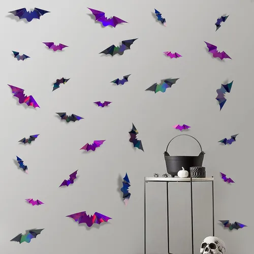 Vista 3 de 72 piezas de murciélagos para decoración de Halloween, murciélagos iridiscentes 3D, decoración de pared, papel holográfico negro y morado