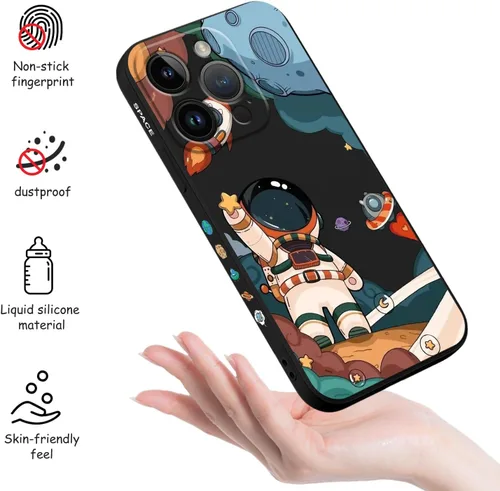 Vista 5 de LEECG Funda para iPhone 15 Pro, diseño creativo lateral de astronauta, silicona líquida, a prueba de golpes, suave, para iPhone 15 Pro, negro
