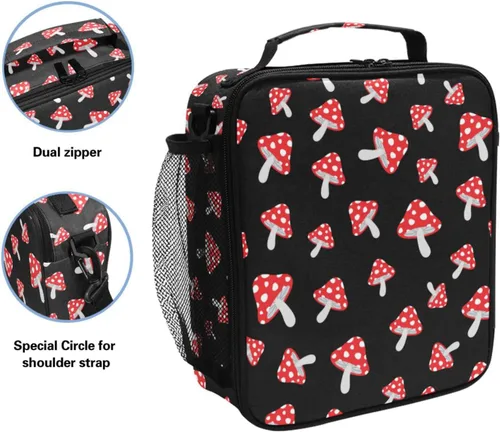 Vista 2 de Lonchera para niños y niñas, con diseño de hongos del bosque, con diseño de dibujos animados, con correa para el hombro, bolsas enfriadoras