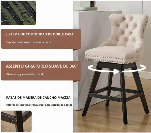 Vista 5 de Juego de 2 taburetes de bar giratorios de altura de mostrador, modernos taburetes de bar para isla de cocina, taburetes de bar beige con respaldo