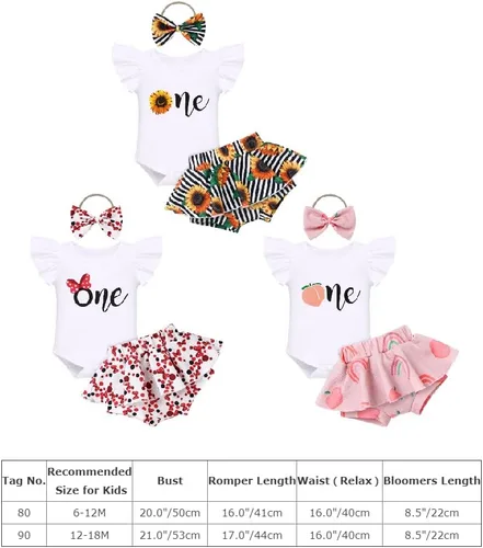 Vista 7 de IMEKIS Traje de 1er cumpleaños para bebé niña con estampado de girasol y durazno + pantalones cortos con volantes + diadema para sesión de fotos