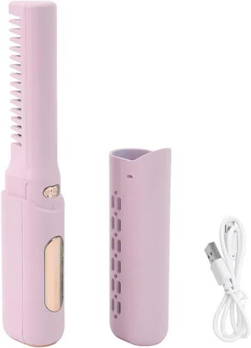 Vista 10 de Mini alisador de pelo recargable inalámbrico, cepillo de peine portátil con 3 temperaturas ajustables para todo tipo de cabello (caqui)