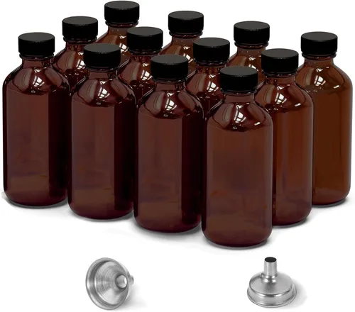 Vista 8 de Paquete de 6 botellas de vidrio ámbar de 2 onzas para extracto de vainilla, tarros redondos de vidrio marrón Boston a prueba de fugas con tapas