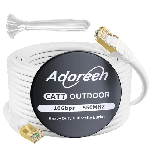 Vista 9 de Cable Ethernet Cat 6E Cat 7 para exteriores de 25 pies, cable de Internet blindado resistente de 10 Gbps de 25 a 300 pies, POE, SFTP, entierro