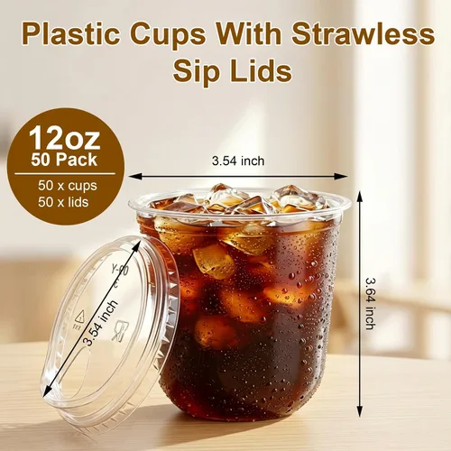 Vista 3 de Paquete de 50 vasos de plástico transparente de 12 onzas con tapas para sorber, tazas de café helado desechables gruesas para llevar bebidas frías