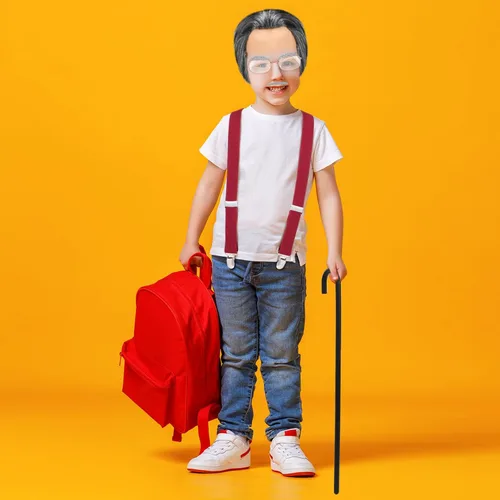 Vista 7 de Jutom Disfraz de anciano para el día 100 de escuela, 8 piezas, para niños, niños, abuelo, gafas de bastón, peluca calva, bigote y tirantes